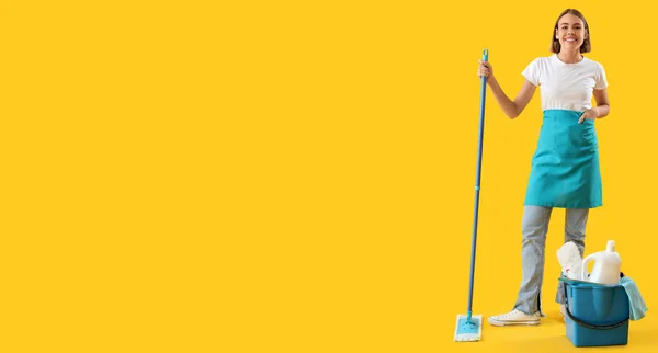 Pretty Woman Mop Cleaning Supplies Yellow Background Space Text — Fotografia de Stock
