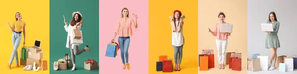 Set Women Bags Laptops Credit Cards Color Background Online Shopping — Fotografia de Stock