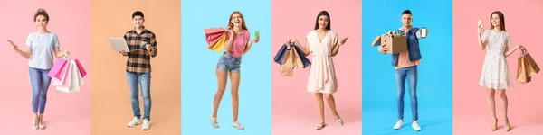 Set People Bags Laptop Credit Cards Color Background Online Shopping — Stockfoto