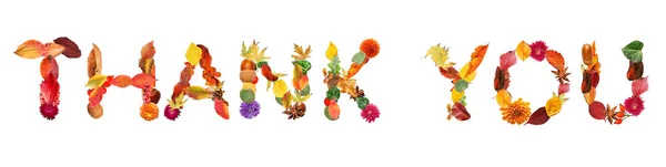 Text Thank You Made Autumn Leaves Flowers White Background — Photo