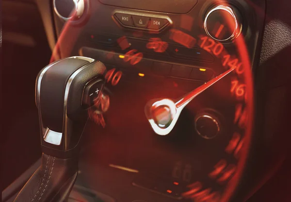 Double Exposure Speedometer Transmission Gearbox Modern Racing Car Closeup — 图库照片