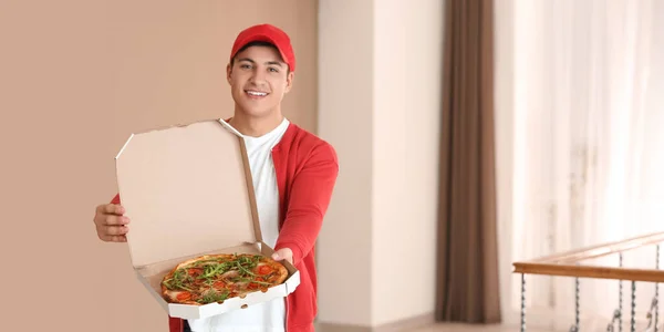 Banner Male Courier Holding Box Tasty Pizza — 스톡 사진