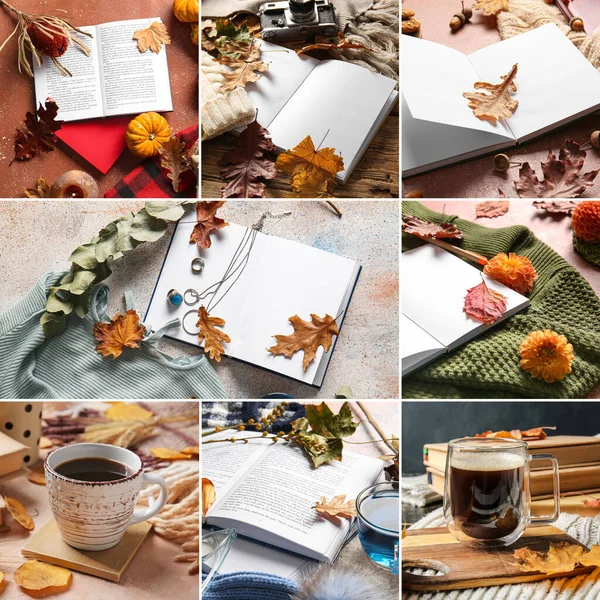 Autumn collage of  books with decor and cups of hot drinks