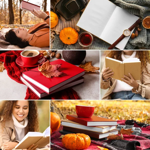 Autumn Set Young Women Books Cups Hot Drinks — Zdjęcie stockowe