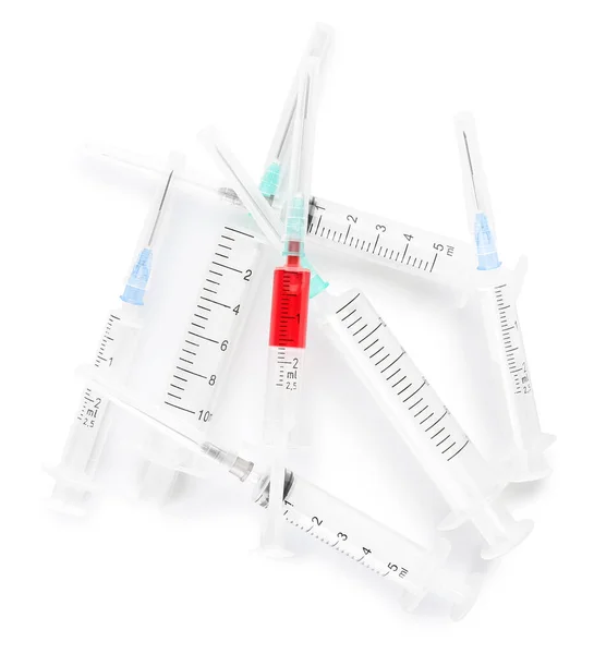 Medical Syringes Blood White Background — Stock Photo, Image