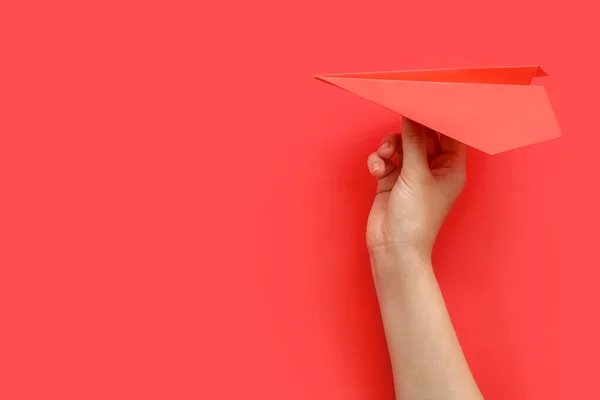 Woman Red Paper Plane Color Background — Stockfoto