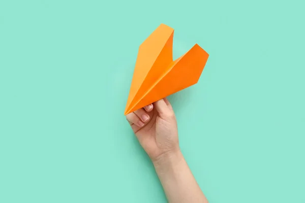 Woman Orange Paper Plane Color Background — Stockfoto