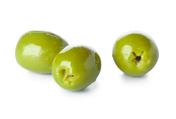 Three Delicious Green Olives White Background — Fotografia de Stock