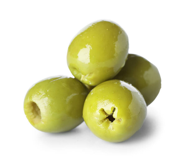 Heap of green olives isolated on white background