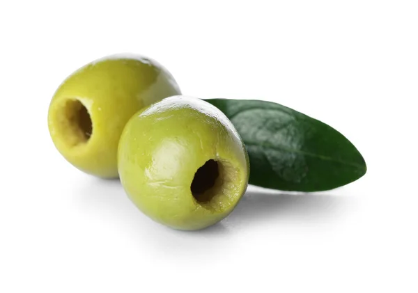 Two Delicious Green Olives White Background — Stock Fotó