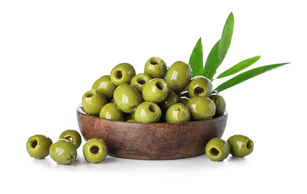 Wooden Bowl Delicious Green Olives White Background — Stock Photo, Image