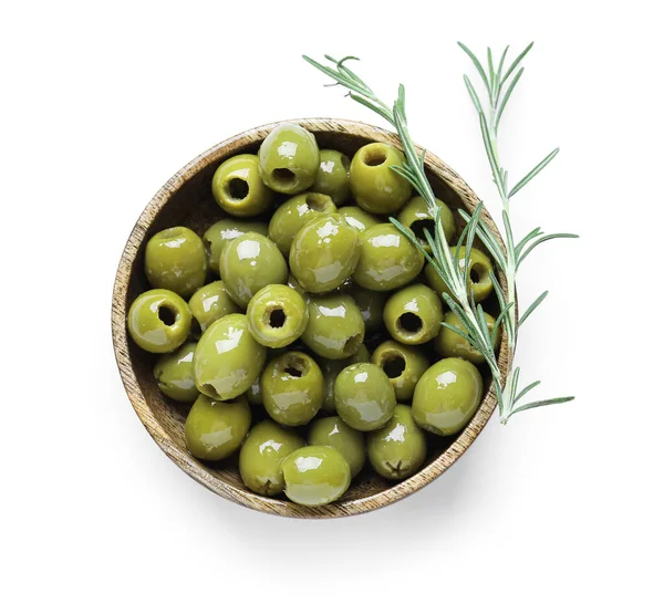 Bowl Tasty Green Olives Rosemary White Background — Stockfoto