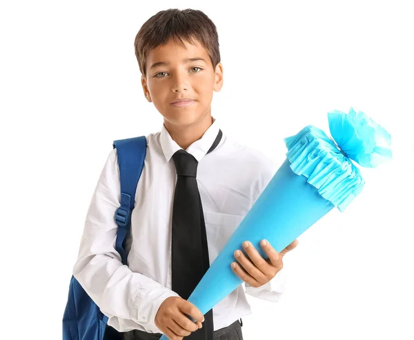 Little Boy School Cone White Background — Fotografia de Stock
