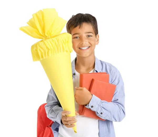 Little Boy Yellow School Cone Books White Background — Stock Fotó