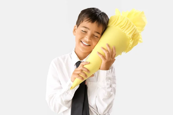 Happy Little Boy Yellow School Cone Light Background — Stockfoto