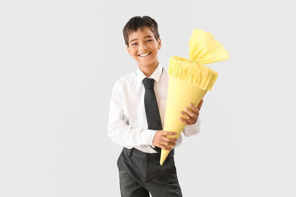 Little Boy Yellow School Cone Light Background — Stock fotografie