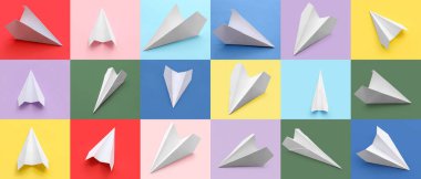 Many paper planes on colorful background