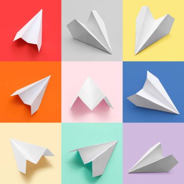 Many paper planes on colorful background