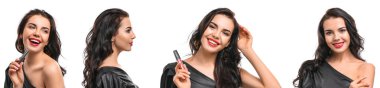 Set of beautiful young woman with stylish makeup on white background