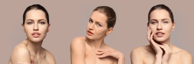 Set of beautiful young woman with healthy skin on beige background