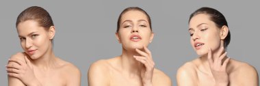 Set of beautiful young woman with healthy skin on grey background