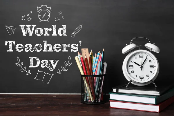 School Stationery Books Alarm Clock Table Classroom World Teacher Day — Fotografia de Stock