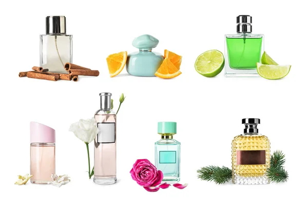 Set Different Perfumes Isolated White — Stockfoto