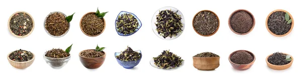 Bowls Different Types Dry Tea White Background — Stockfoto