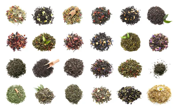 Different Types Dry Tea White Background Top View — Stockfoto