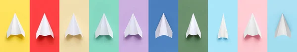 Many Paper Planes Colorful Background Top View — 图库照片