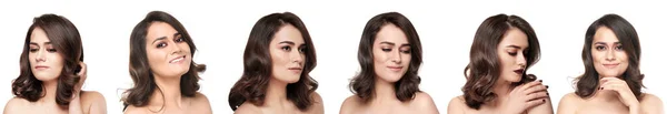 Set Beautiful Young Woman Stylish Makeup White Background — 스톡 사진