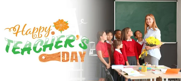 Schoolchildren Greeting Teacher Classroom Banner Teacher Day — 图库照片