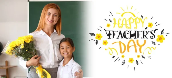 Little Schoolgirl Greeting Her Teacher Classroom Banner Teacher Day — Zdjęcie stockowe