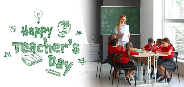 Teacher Conducting Lesson Classroom Banner Teacher Day — Stockfoto