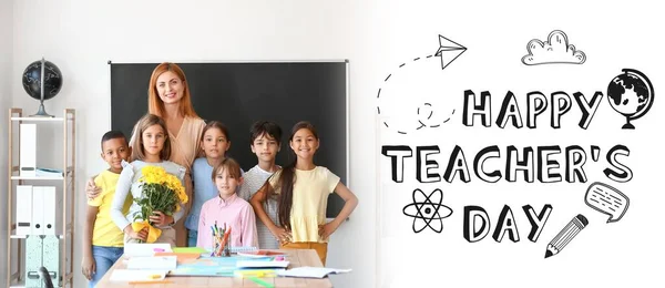 Schoolchildren Greeting Teacher Classroom Banner Teacher Day — Zdjęcie stockowe