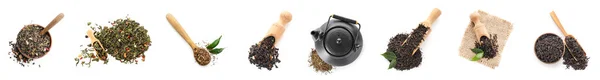 Different Types Dry Tea White Background Top View — Foto de Stock