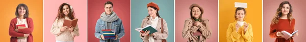 Group People Autumn Clothes Books Color Background — Zdjęcie stockowe