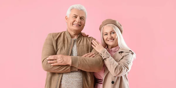 Portrait Stylish Elderly Couple Pink Background —  Fotos de Stock