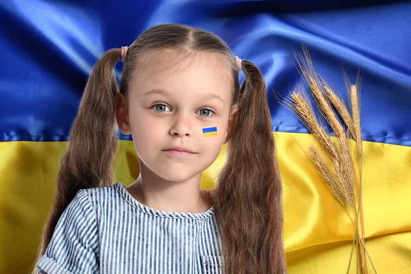 Cute Little Girl National Flag Ukraine Wheat Ears — Fotografia de Stock