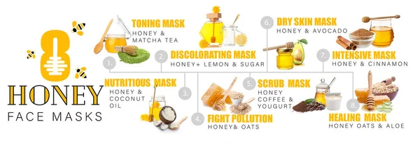 Set Honey Facial Masks Ingredients White Background — Fotografia de Stock