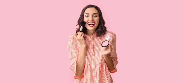 Beautiful Young Woman Applying Makeup Pink Background — Stock Fotó