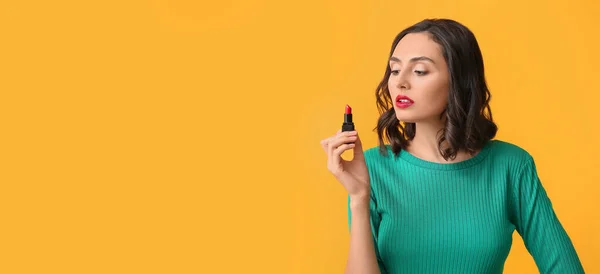 Beautiful Young Woman Lipstick Yellow Background Space Text — Stockfoto