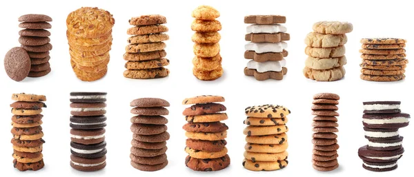 Stacks Different Sweet Cookies Isolated White — Stock Photo, Image