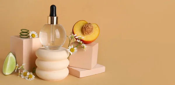 Bottle Natural Cosmetics Ingredients Beige Background Space Text — Fotografia de Stock