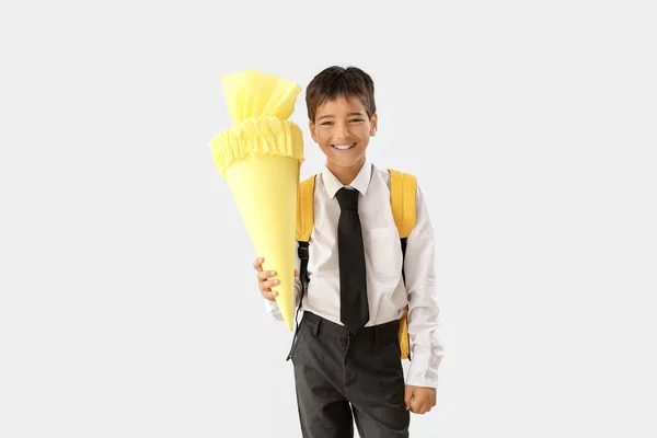 Little Boy Yellow School Cone Light Background — Stock Photo, Image