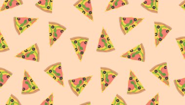 Many slices of delicious pizza on beige background. Pattern for design