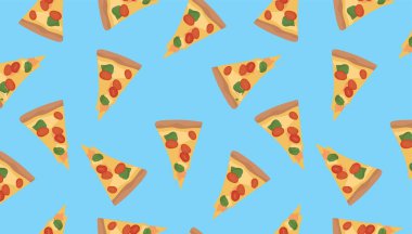 Many slices of delicious pizza on light blue background. Pattern for design