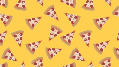 Many slices of delicious pizza on yellow background. Pattern for design