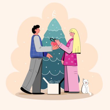 Couple decorating beautiful Christmas tree at home