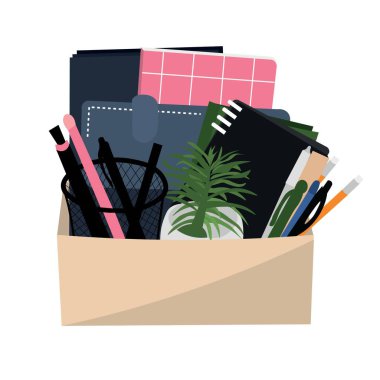 Box with personal things of dismissed worker on white background